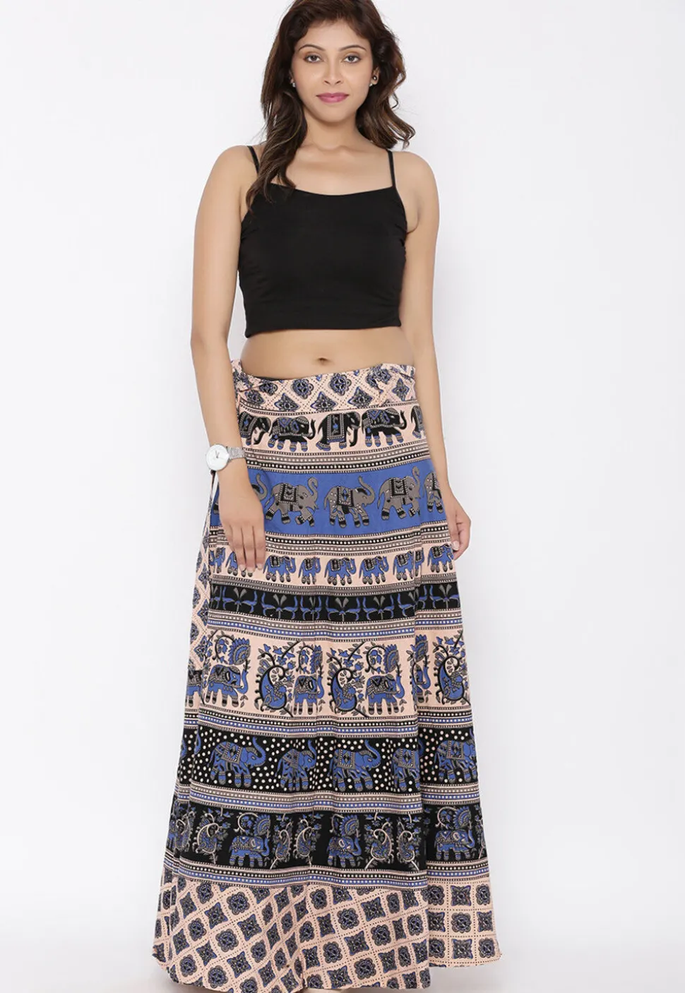 Mandala Printed Pure Cotton Wrap Around Skirt in Light Beige and Black