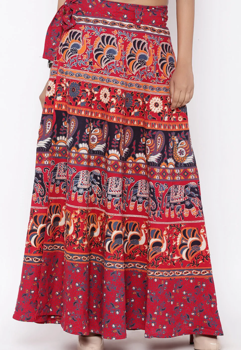 Mandala Printed Pure Cotton Wrap Around Skirt in Red