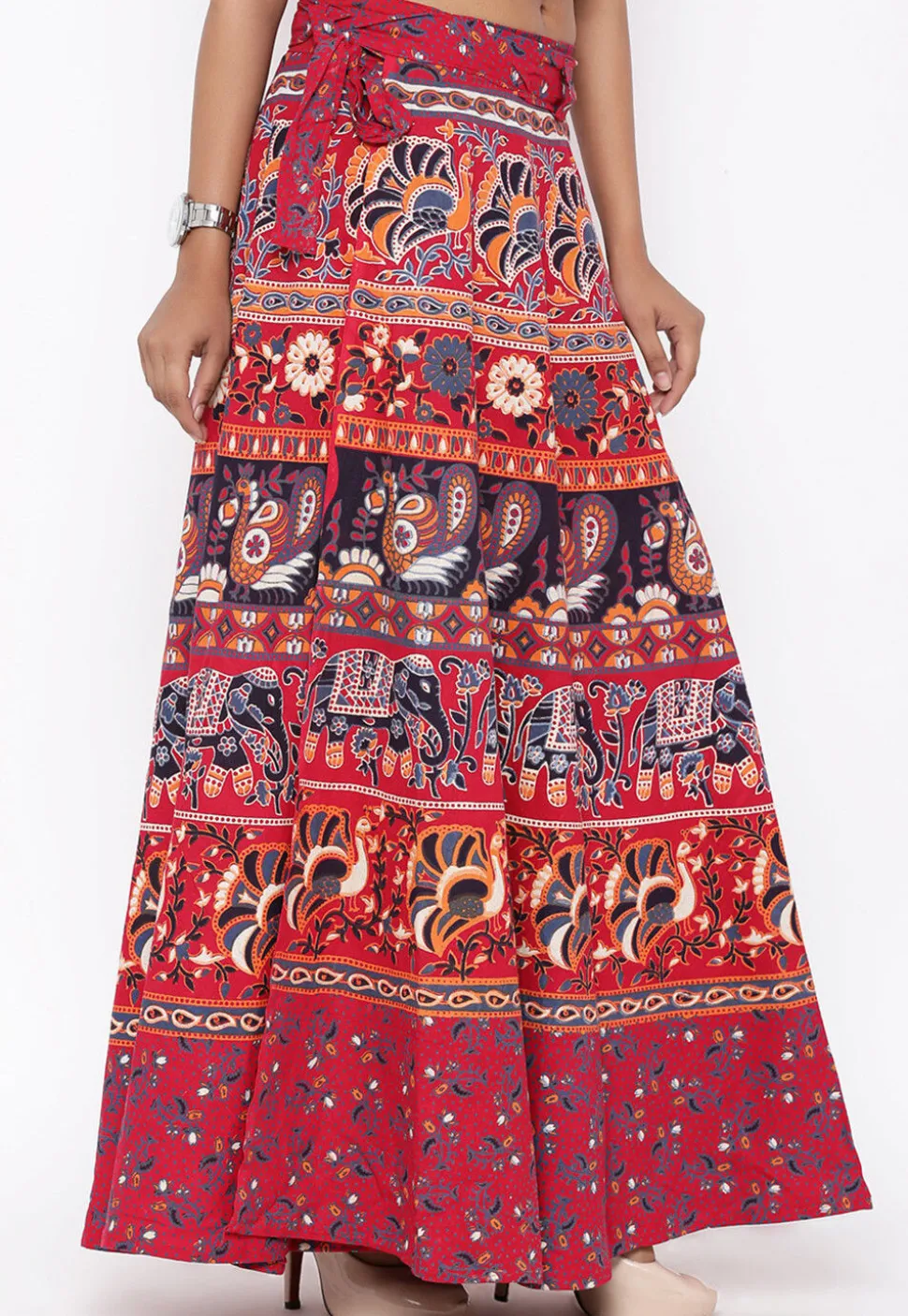 Mandala Printed Pure Cotton Wrap Around Skirt in Red