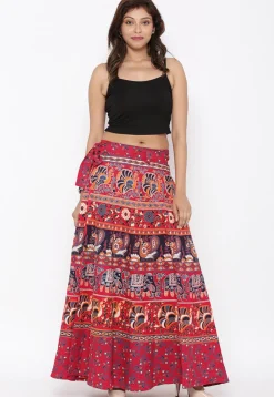 Mandala Printed Pure Cotton Wrap Around Skirt in Red
