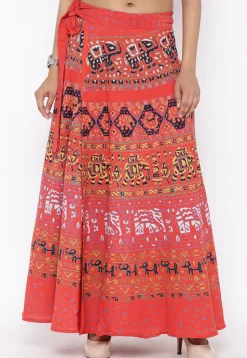 Mandala Printed Pure Cotton Wrap Around Skirt in Peach