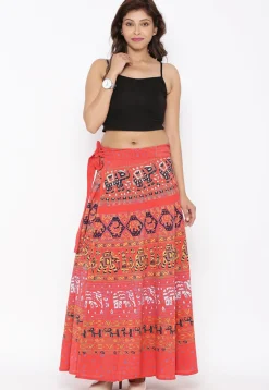 Mandala Printed Pure Cotton Wrap Around Skirt in Peach