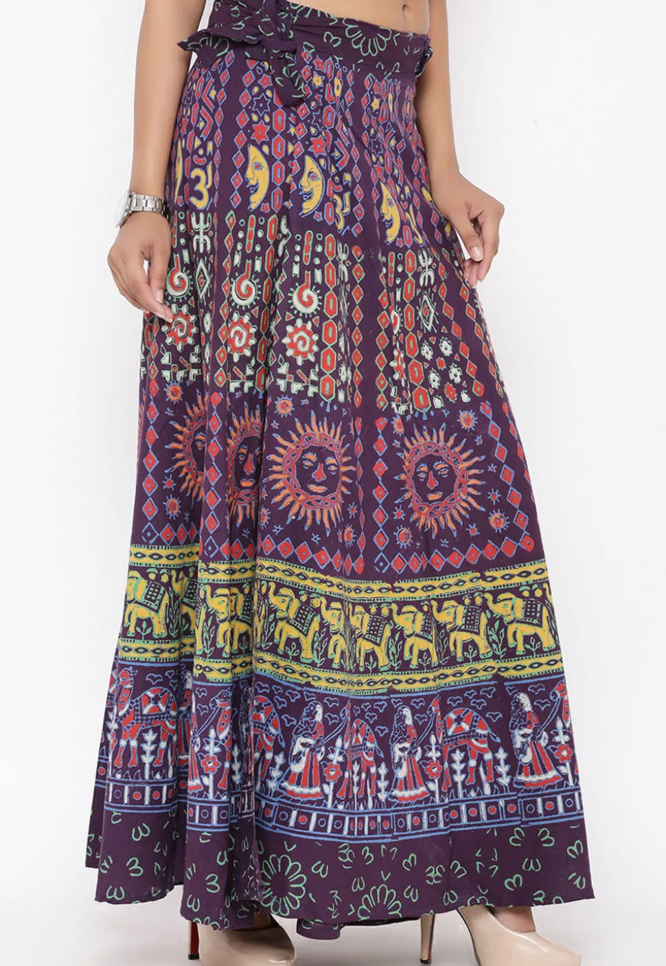 Mandala Printed Pure Cotton Wrap Around Skirt in Purple
