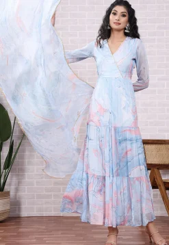 Marbel Printed Chiffon Abaya Style Suit in Light Blue and Pink