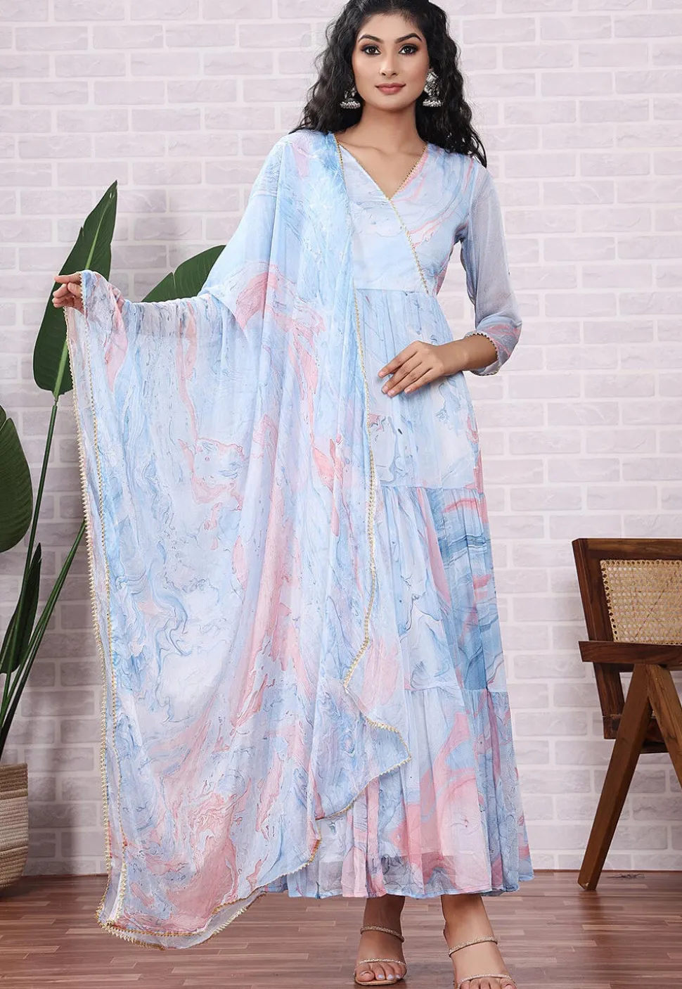 Marbel Printed Chiffon Abaya Style Suit in Light Blue and Pink