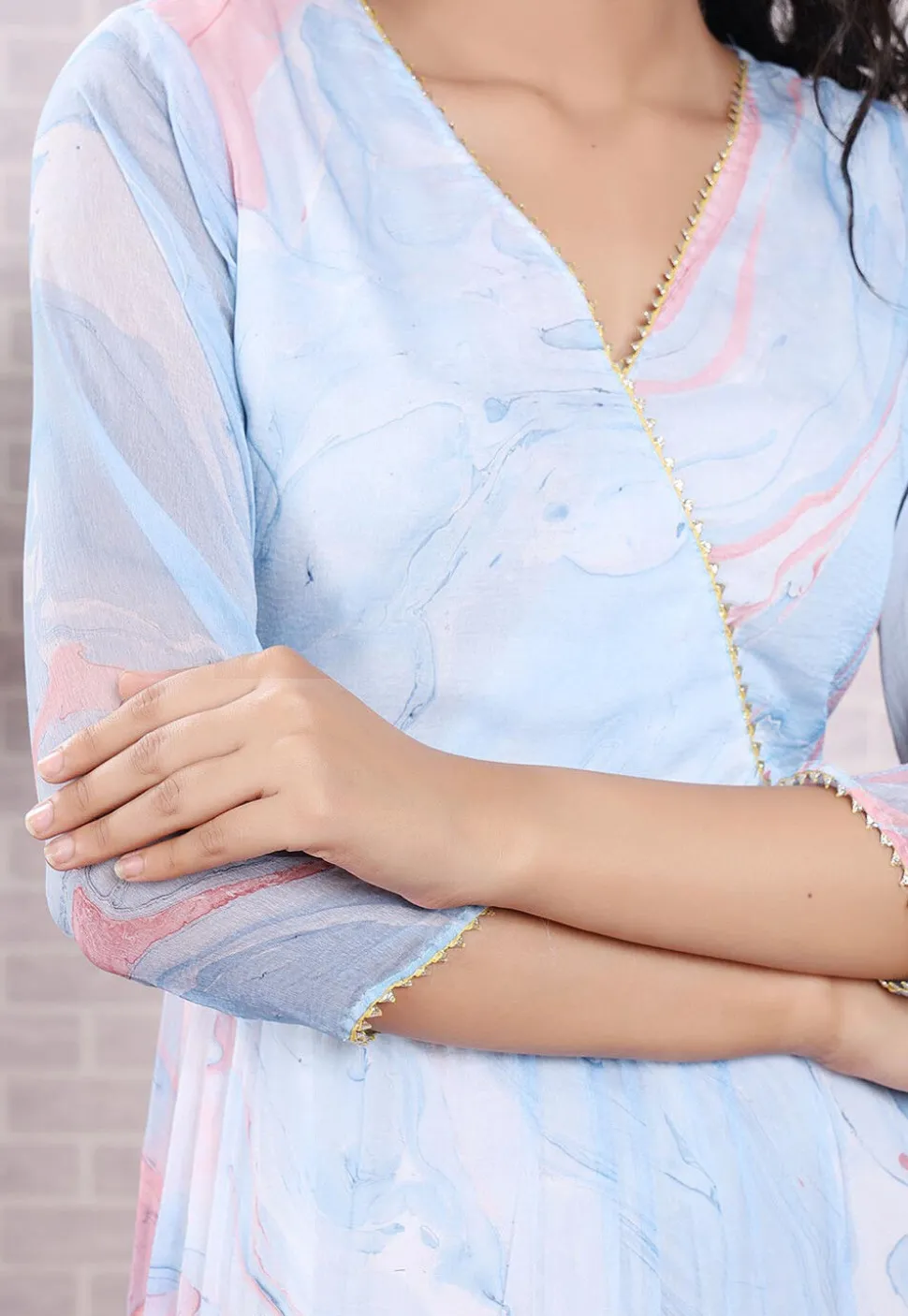 Marbel Printed Chiffon Abaya Style Suit in Light Blue and Pink
