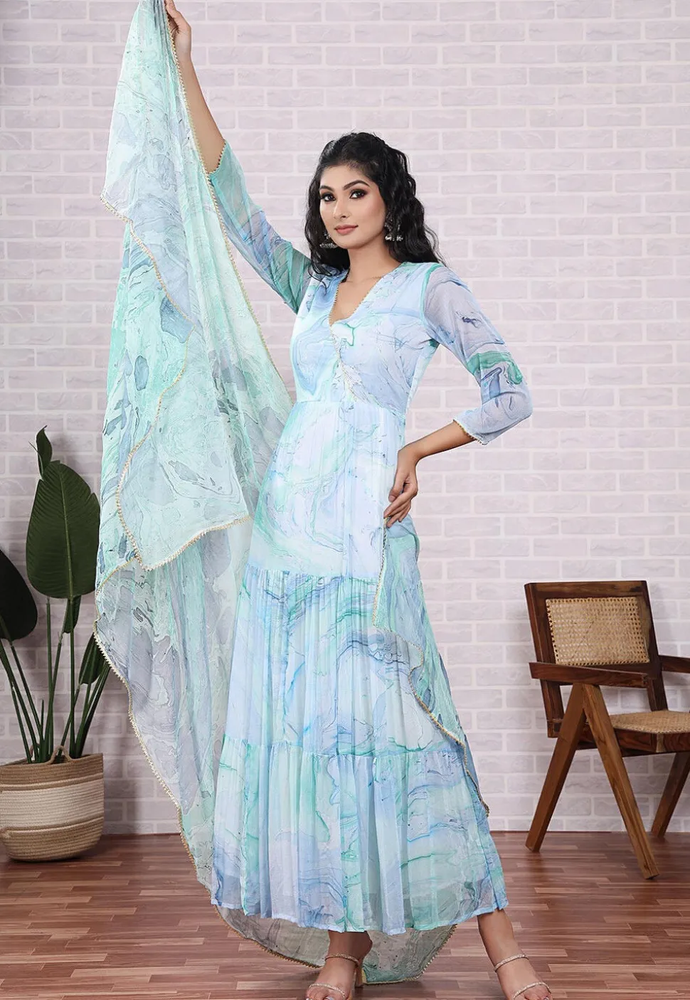 Marbel Printed Chiffon Abaya Style Suit in Light Blue and Light Green
