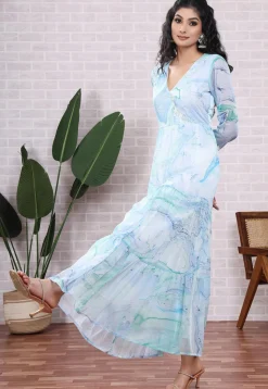 Marbel Printed Chiffon Abaya Style Suit in Light Blue and Light Green