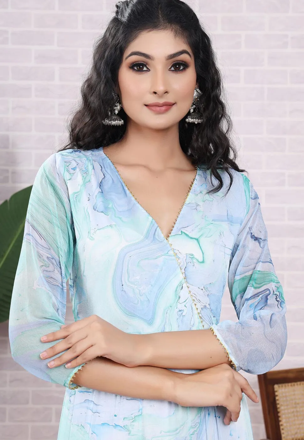 Marbel Printed Chiffon Abaya Style Suit in Light Blue and Light Green