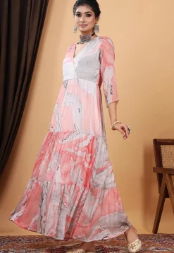 Marble Printed Chiffon Abaya Style Suit in Pink and Grey