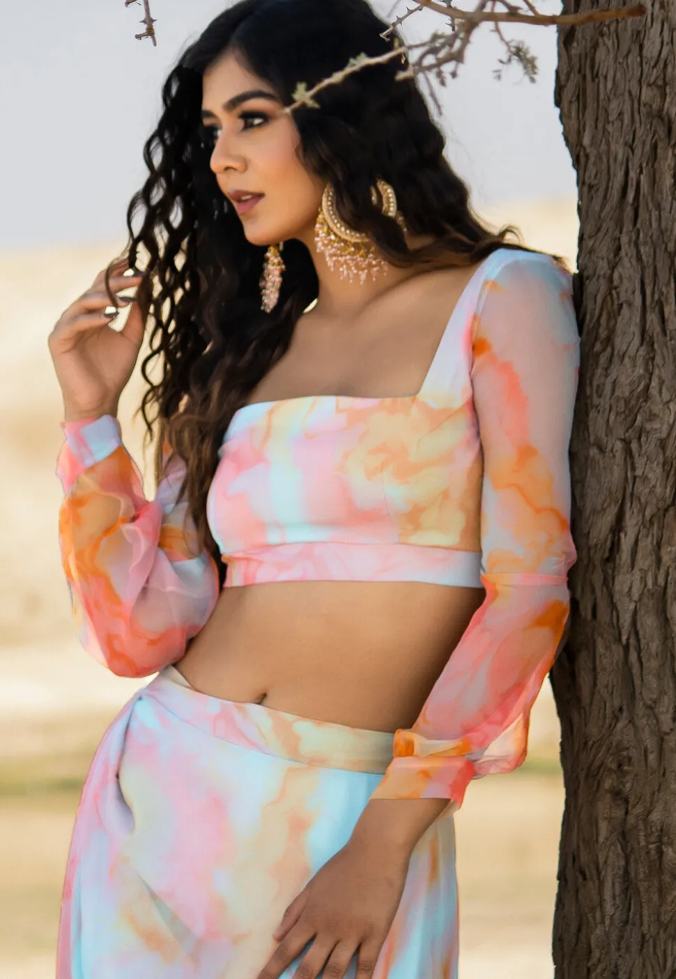 Marble Printed Georgette Lehenga in Multicolor