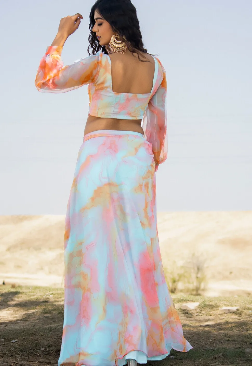 Marble Printed Georgette Lehenga in Multicolor