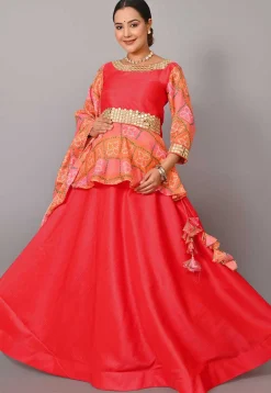Maternity Art Silk Lehenga in Coral Red