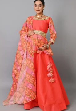 Maternity Bandhej Printed Art Silk Lehenga in Orange