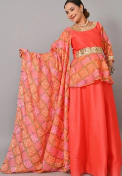 Maternity Bandhej Printed Art Silk Lehenga in Orange