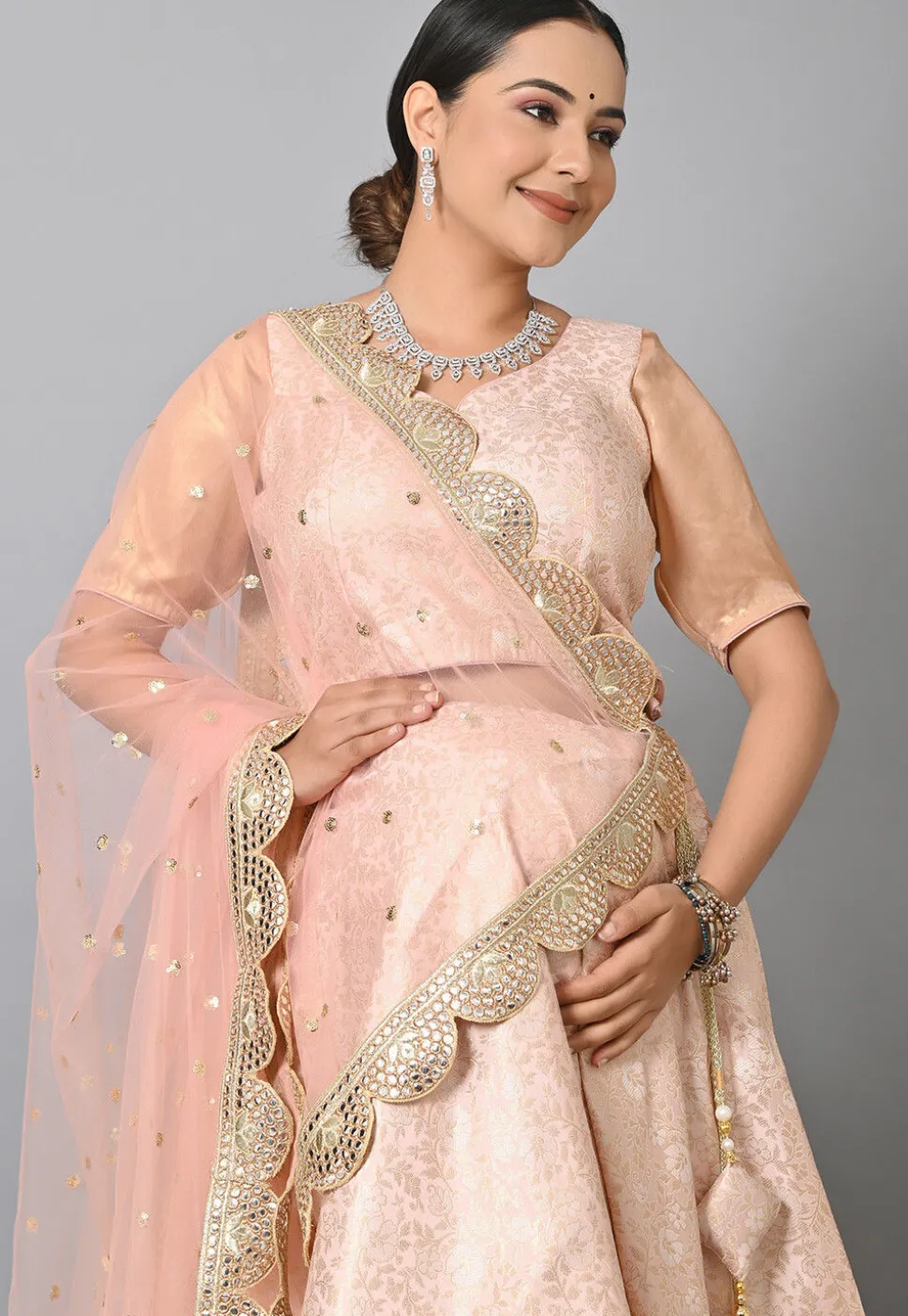 Maternity Brocade Lehenga in Peach