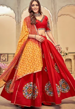 Navratri Kutch Cotton Silk Lehenga in Red
