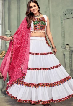 Navratri Kutch Georgette Tiered Lehenga in White