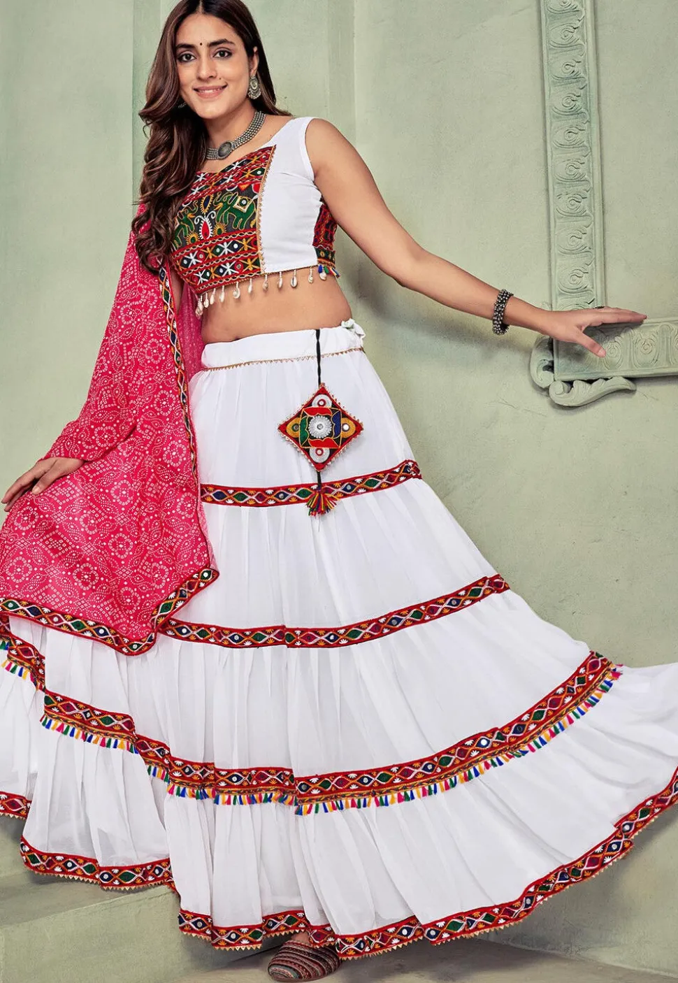 Navratri Kutch Georgette Tiered Lehenga in White