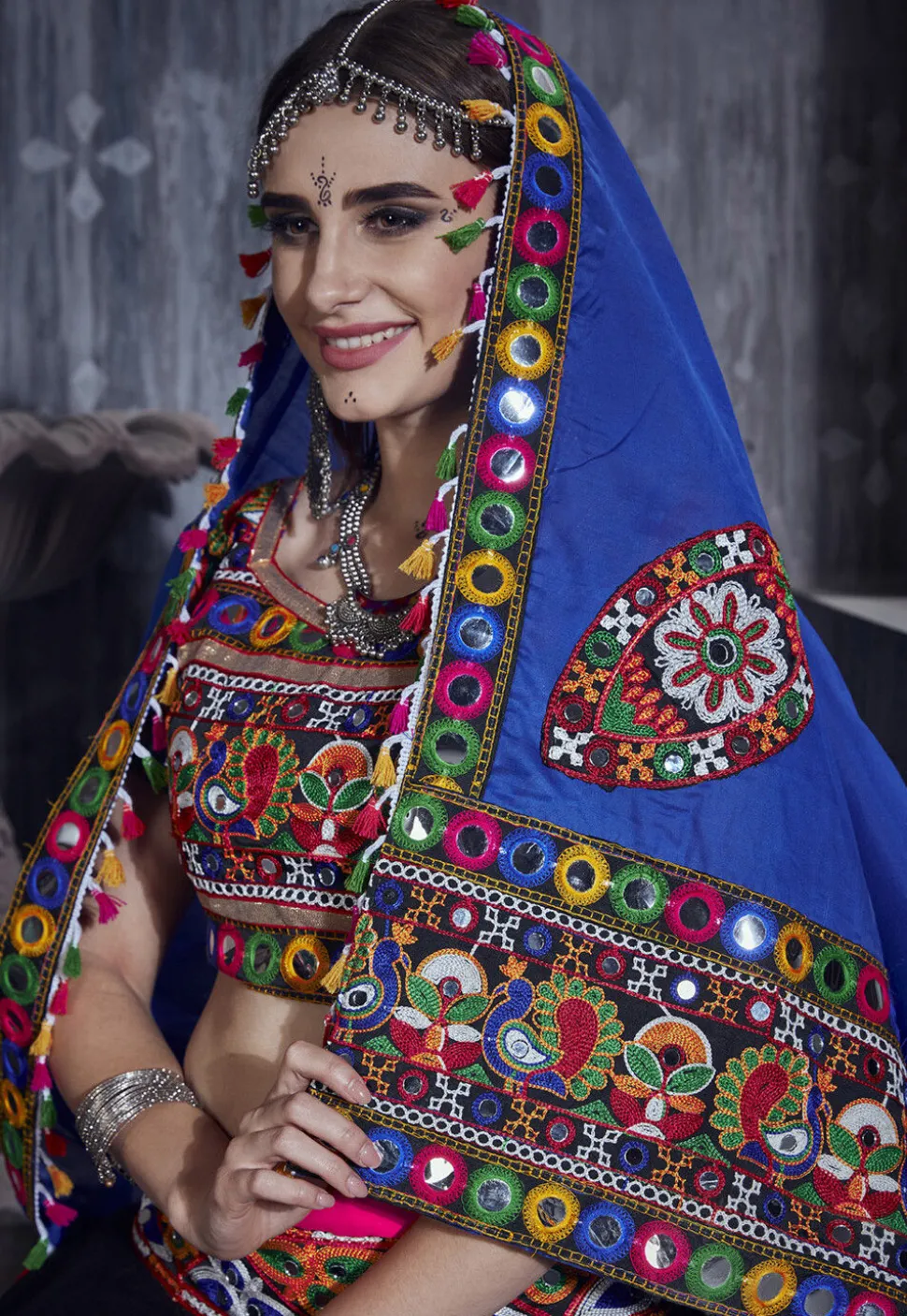 Navratri Special Art Silk Layered Lehenga in Black and Pink