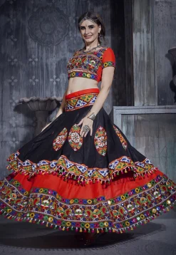 Navratri Special Art Silk Layered Lehenga in Black and Red