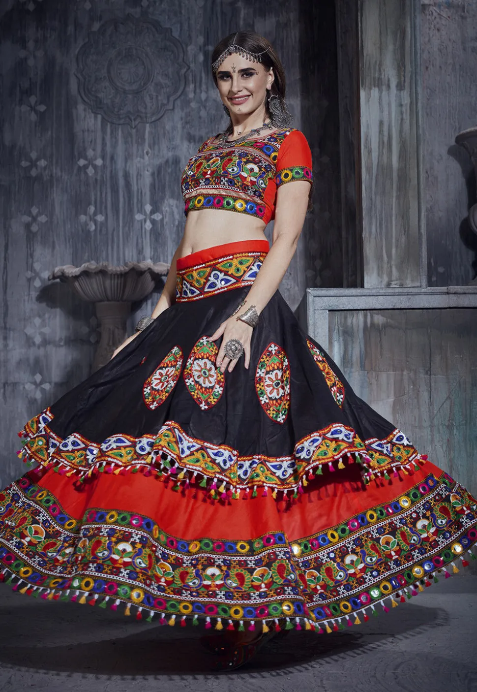 Navratri Special Art Silk Layered Lehenga in Black and Red
