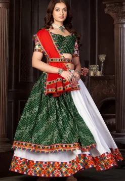 Navratri Special Art Silk Lehenga in Dark Green and Off White