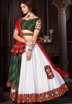 Navratri Special Art Silk Lehenga in Dark Green and Off White