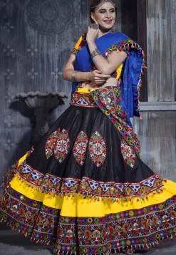 Navratri Special Art Silk Layered Lehenga in Black and Yellow