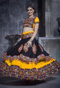 Navratri Special Art Silk Layered Lehenga in Black and Yellow