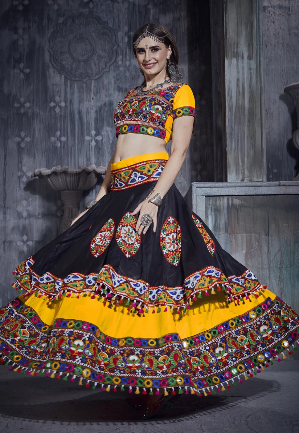 Navratri Special Art Silk Layered Lehenga in Black and Yellow