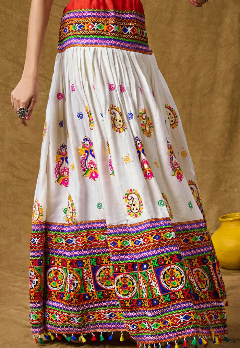 Navratri Special Cotton Rayon Skirt in Off White