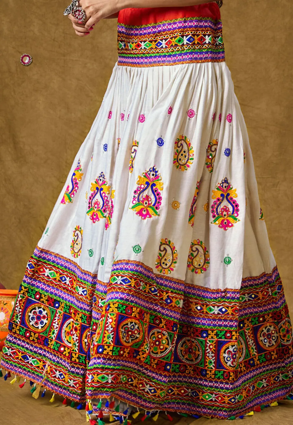 Navratri Special Cotton Rayon Skirt in Off White