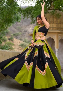 Navratri Special Pure Cotton Lehenga in Black and Light Green