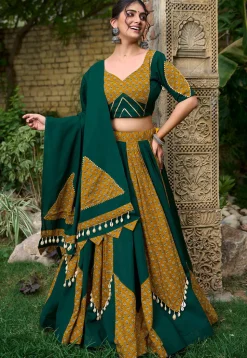 Navratri Special Pure Cotton Lehenga in Mustard and Dark Green