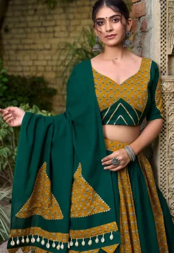 Navratri Special Pure Cotton Lehenga in Mustard and Dark Green