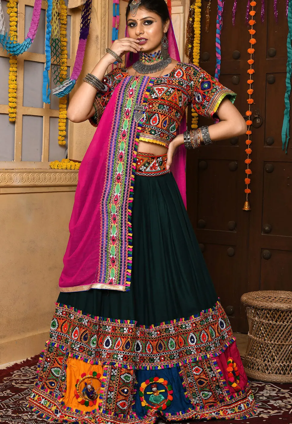 Navratri Special Rayon Embroidered Lehenga in Dark Green