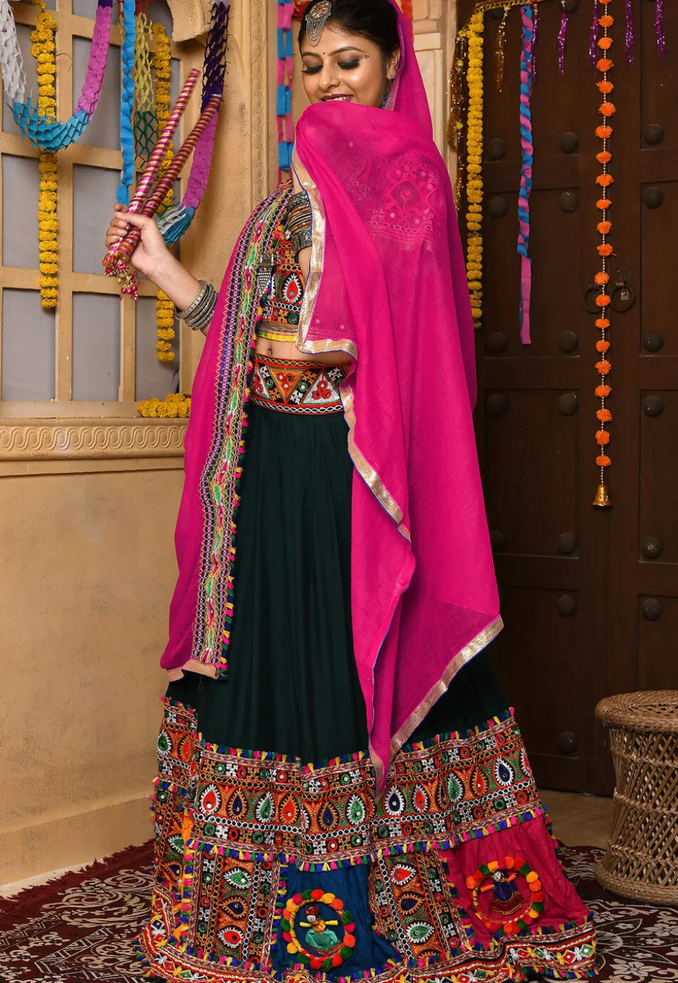 Navratri Special Rayon Embroidered Lehenga in Dark Green