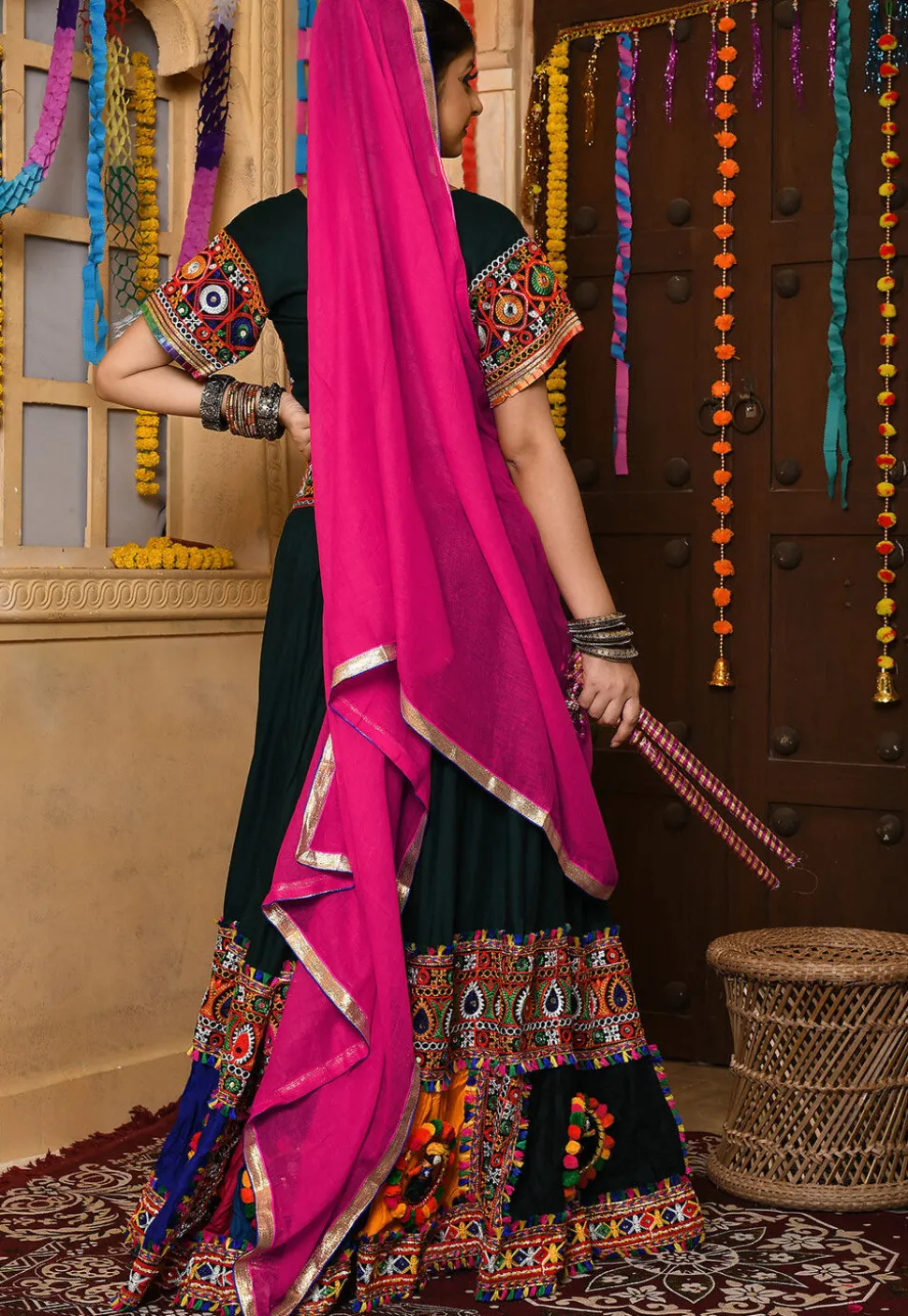 Navratri Special Rayon Embroidered Lehenga in Dark Green