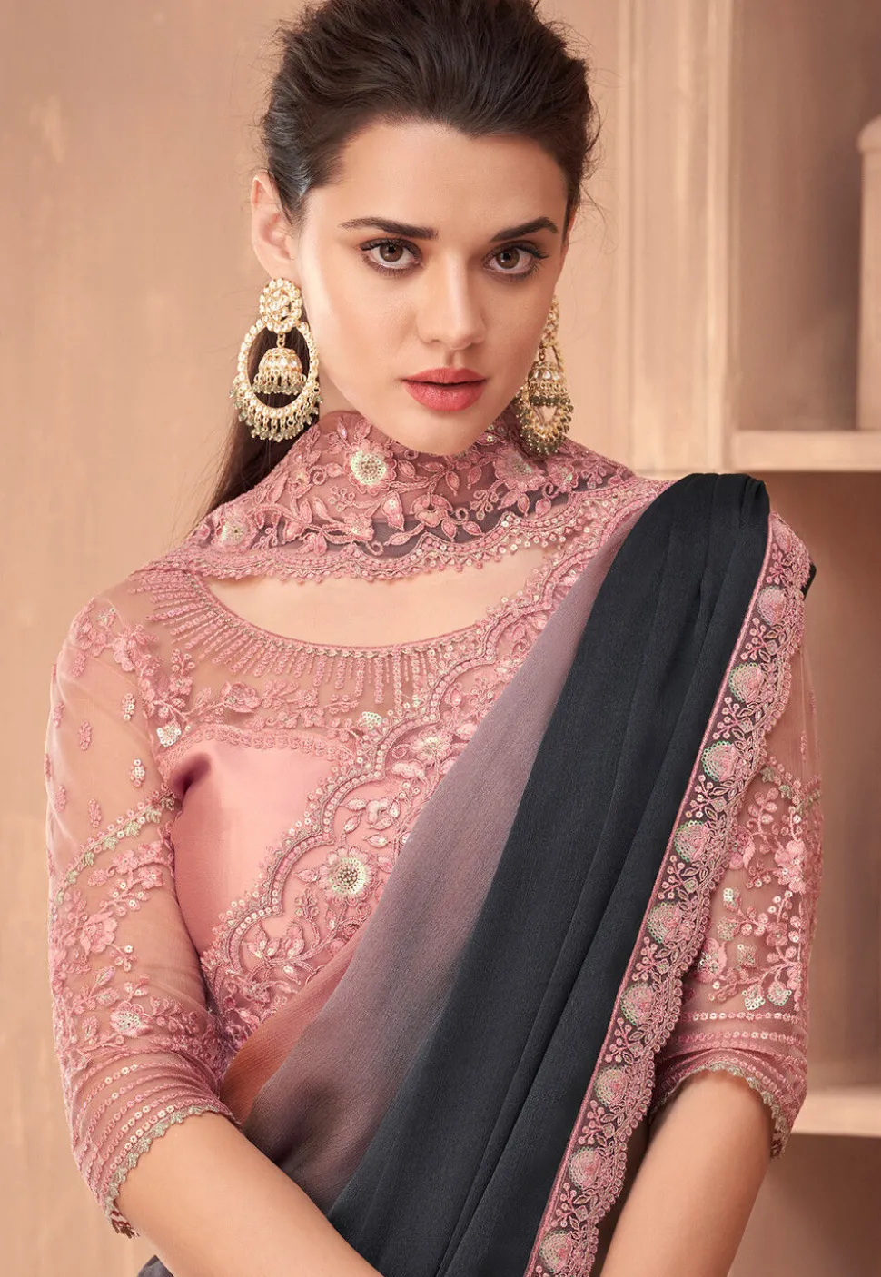 Ombre Chiffon Saree in Peach and Black