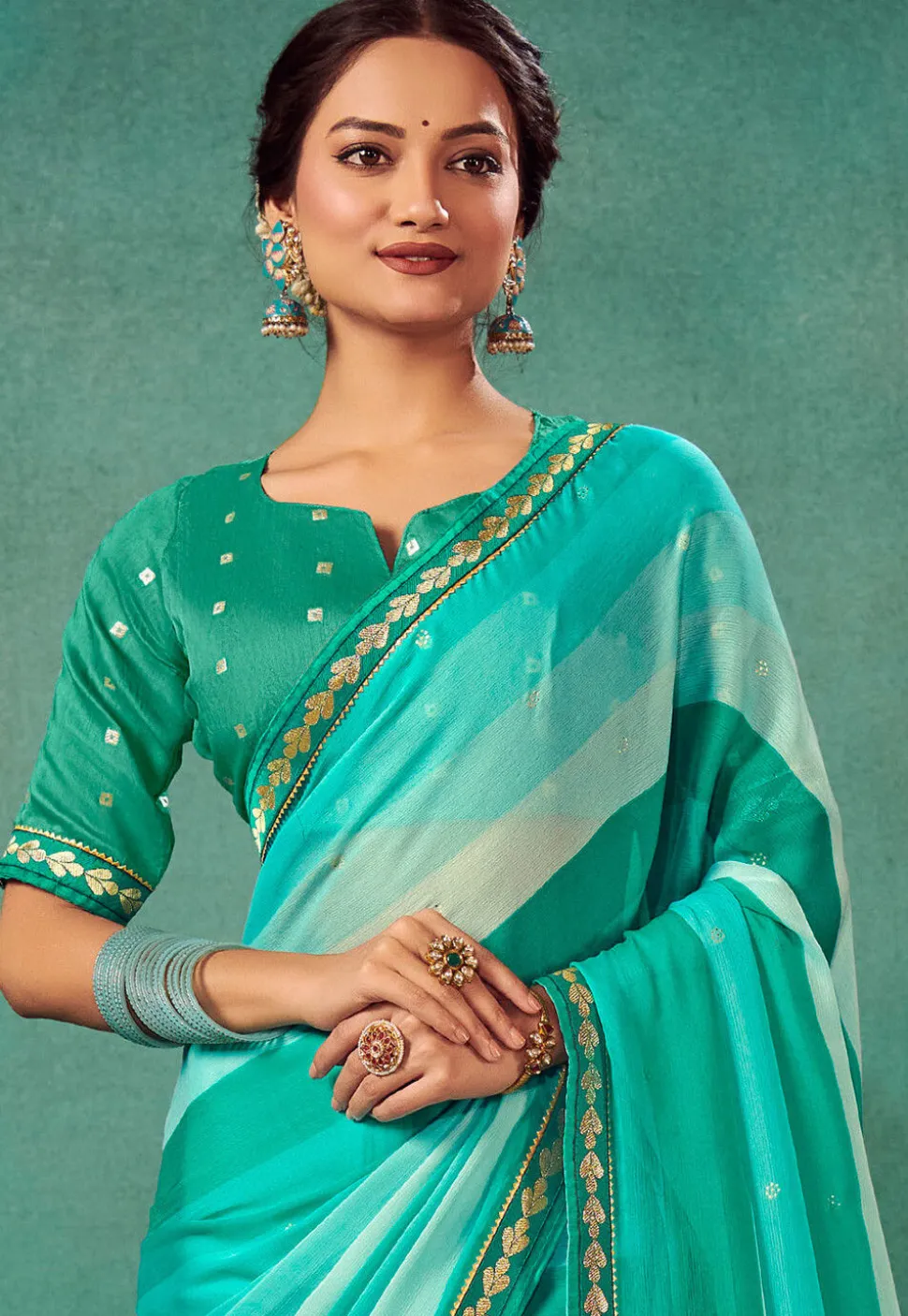 Ombre Chiffon Saree in Sea Green