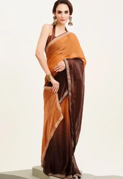 Ombre Chiffon Saree in Shaded Orange and Brown
