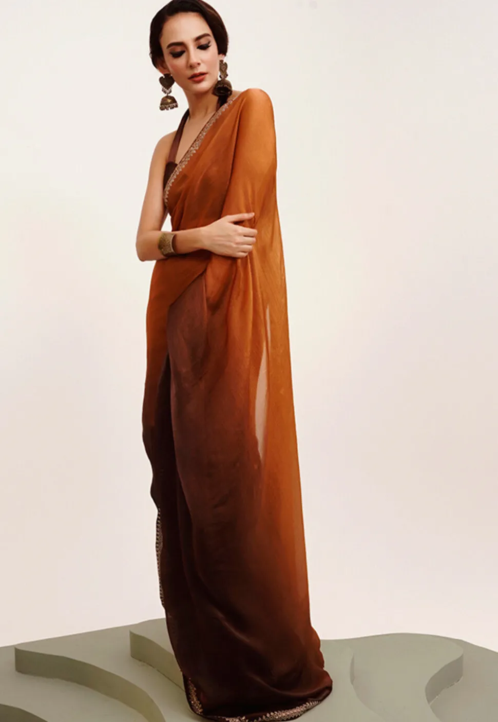 Ombre Chiffon Saree in Shaded Orange and Brown