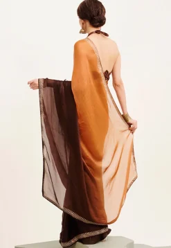 Ombre Chiffon Saree in Shaded Orange and Brown