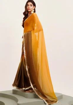 Ombre Chiffon Saree in Shaded Mustard and Olive Green