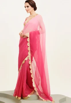 Ombre Chiffon Scalloped Saree in Pink