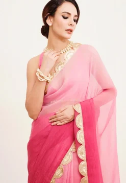 Ombre Chiffon Scalloped Saree in Pink