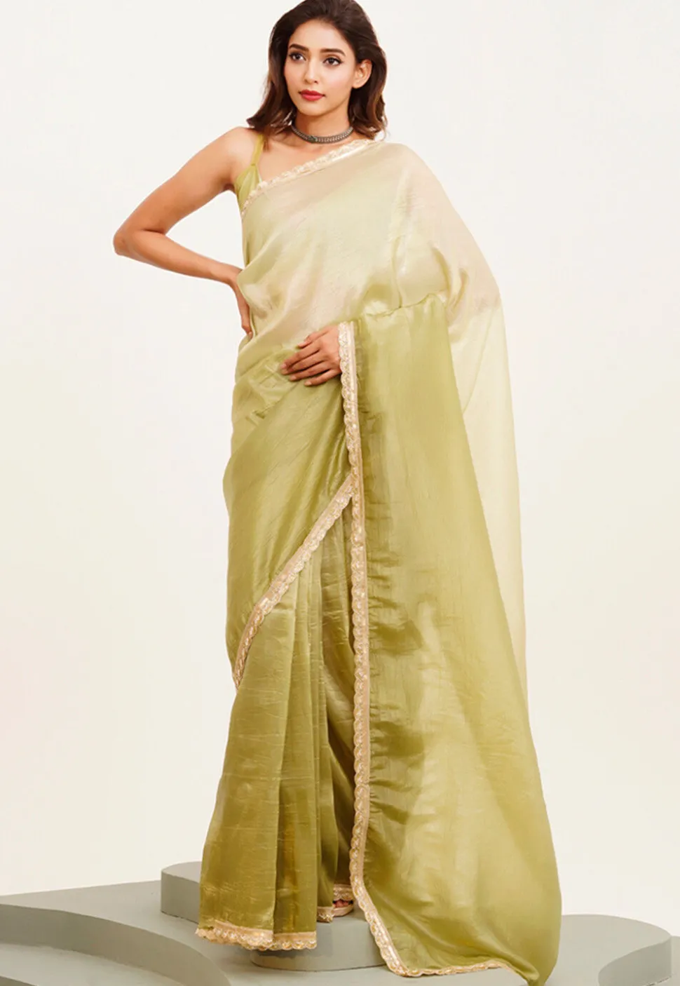 Ombre Chiffon Scalloped Saree in Light Green