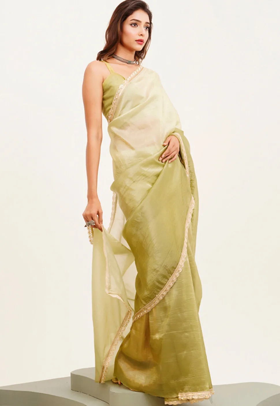 Ombre Chiffon Scalloped Saree in Light Green