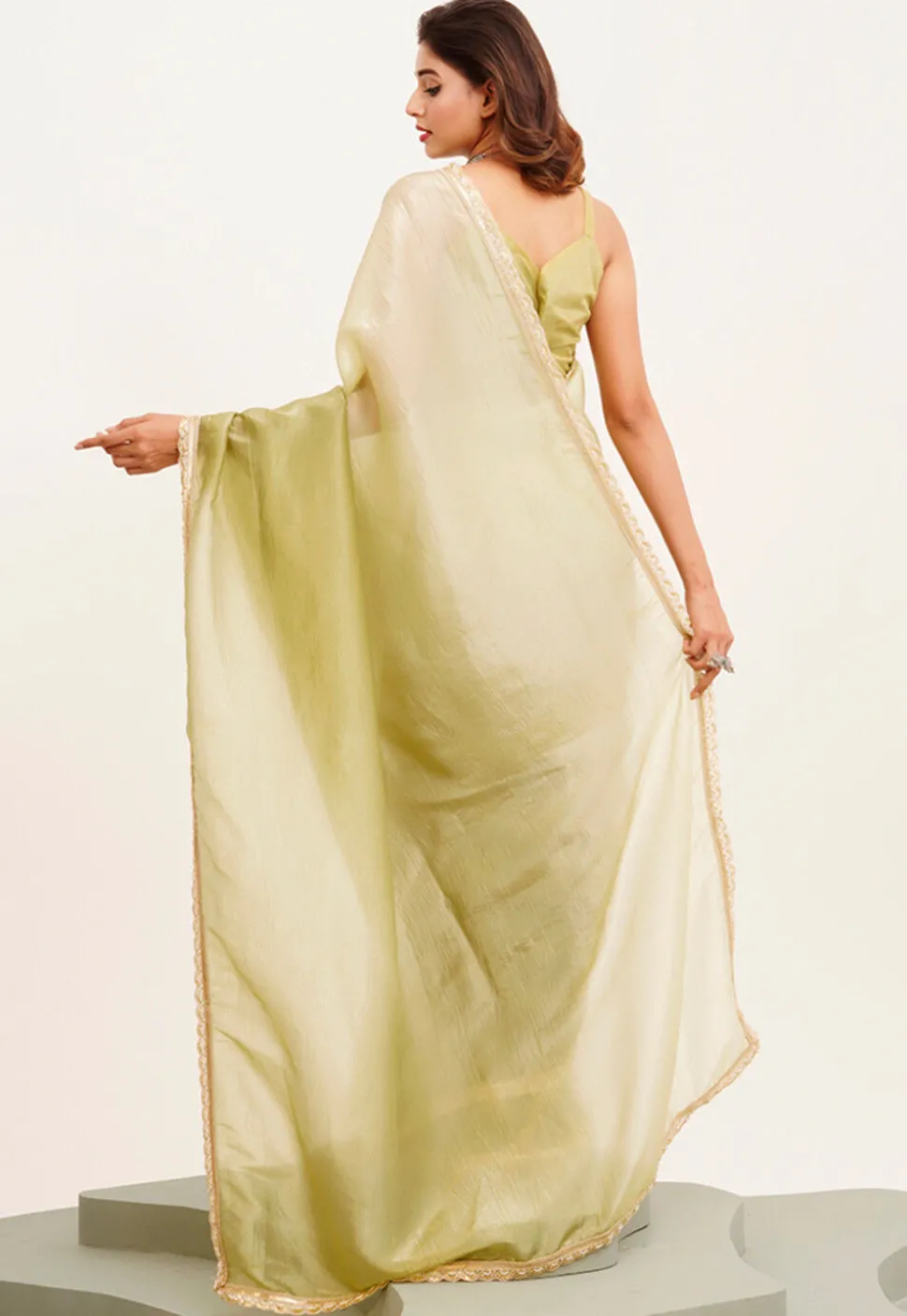 Ombre Chiffon Scalloped Saree in Light Green